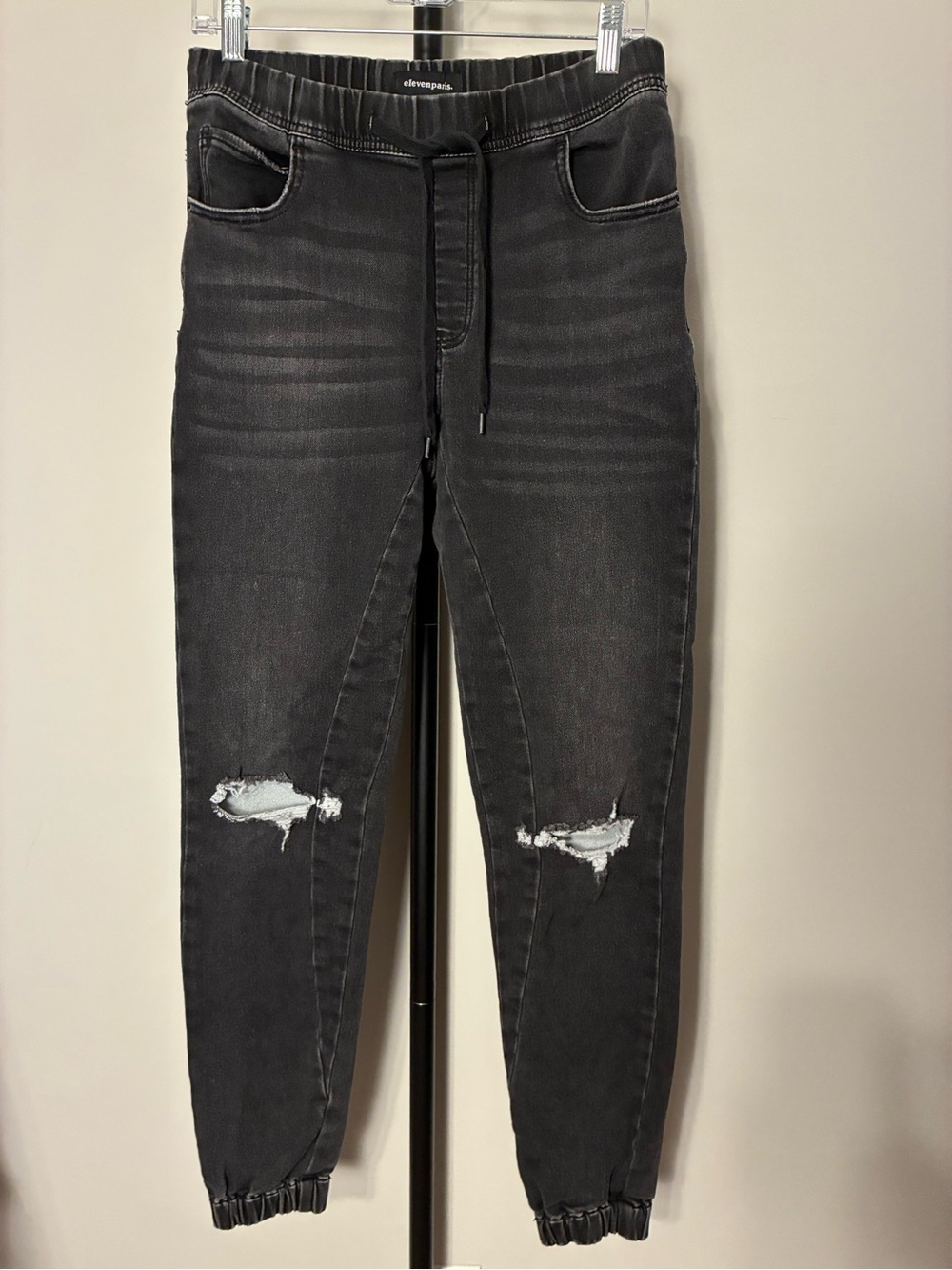 Eleven Paris Men's Black Distressed Jogger Jeans PullOn Drawstring Small